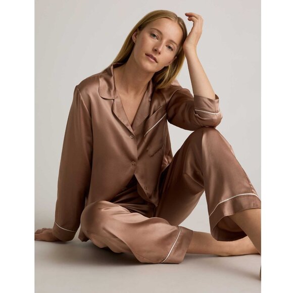 Quince Washable Silk Satin Pajama Long Sleeve Top Toasted Almond M - Picture 2 of 9